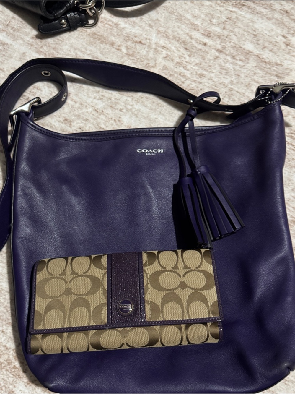 Coach Purple Leather Crossbody Hobo with Tassel Accent